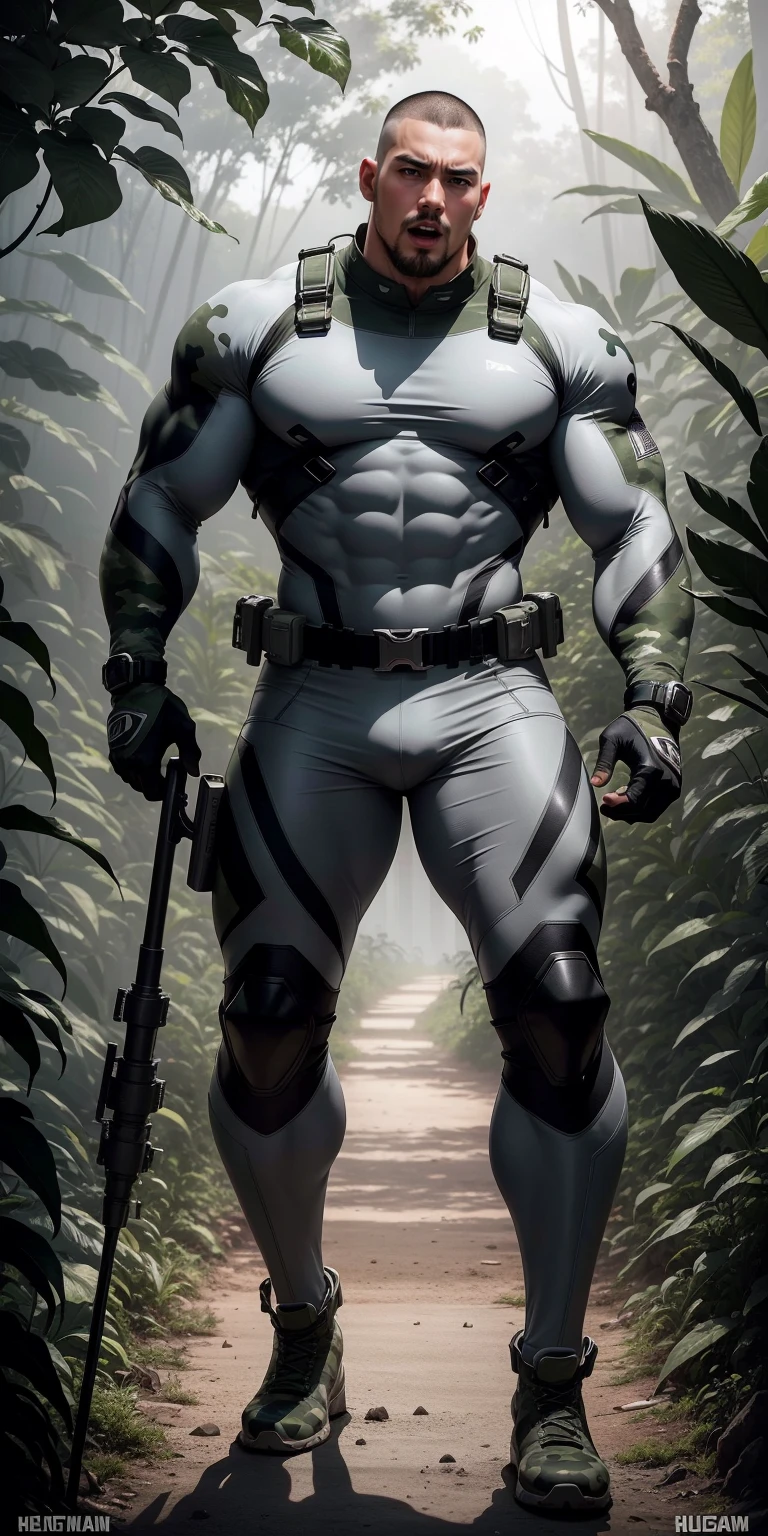 Tall giant muscular man with his mouth open and screaming.，Light gray camouflage uniform，strong tough guy，Buzz Cut，white short hair，Wearing a light gray camouflage diving suit，matte texture，regular symmetrical texture pattern，Standing in the dark sugar cane jungle, The body  wrapped in thick rattan，Sad expression，Deep and charming eyes，The hero with emerald pupils，heroic male pose，高urly，muscular！Charming leg muscles，High, burly, Heqiang， Wearing a light gray camouflage diving suit， Super gain and cool， high resolution committee， Big feet in black boots，Charming strong man，The bright sunshine shines on you