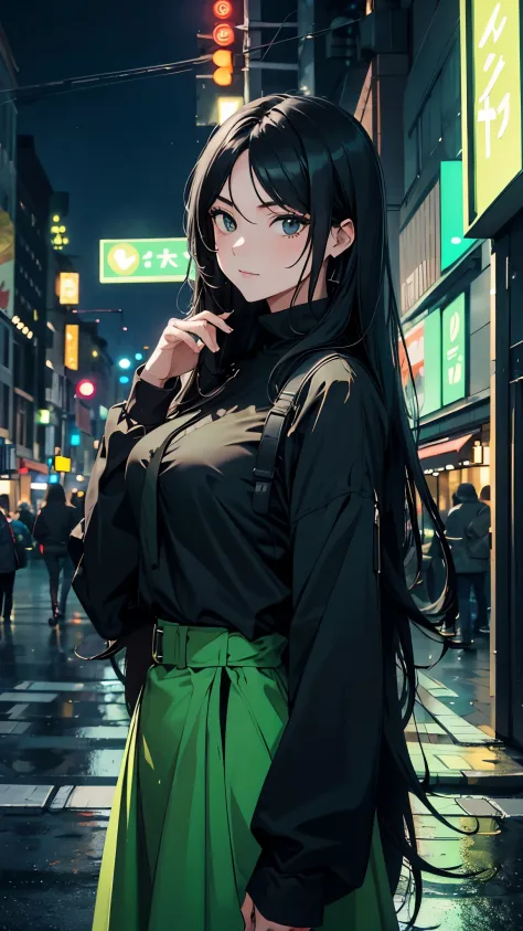 1girl, black long hair, milf, black eyes, masterpiece, green outfit, 8k, city, night lights, aesthetic