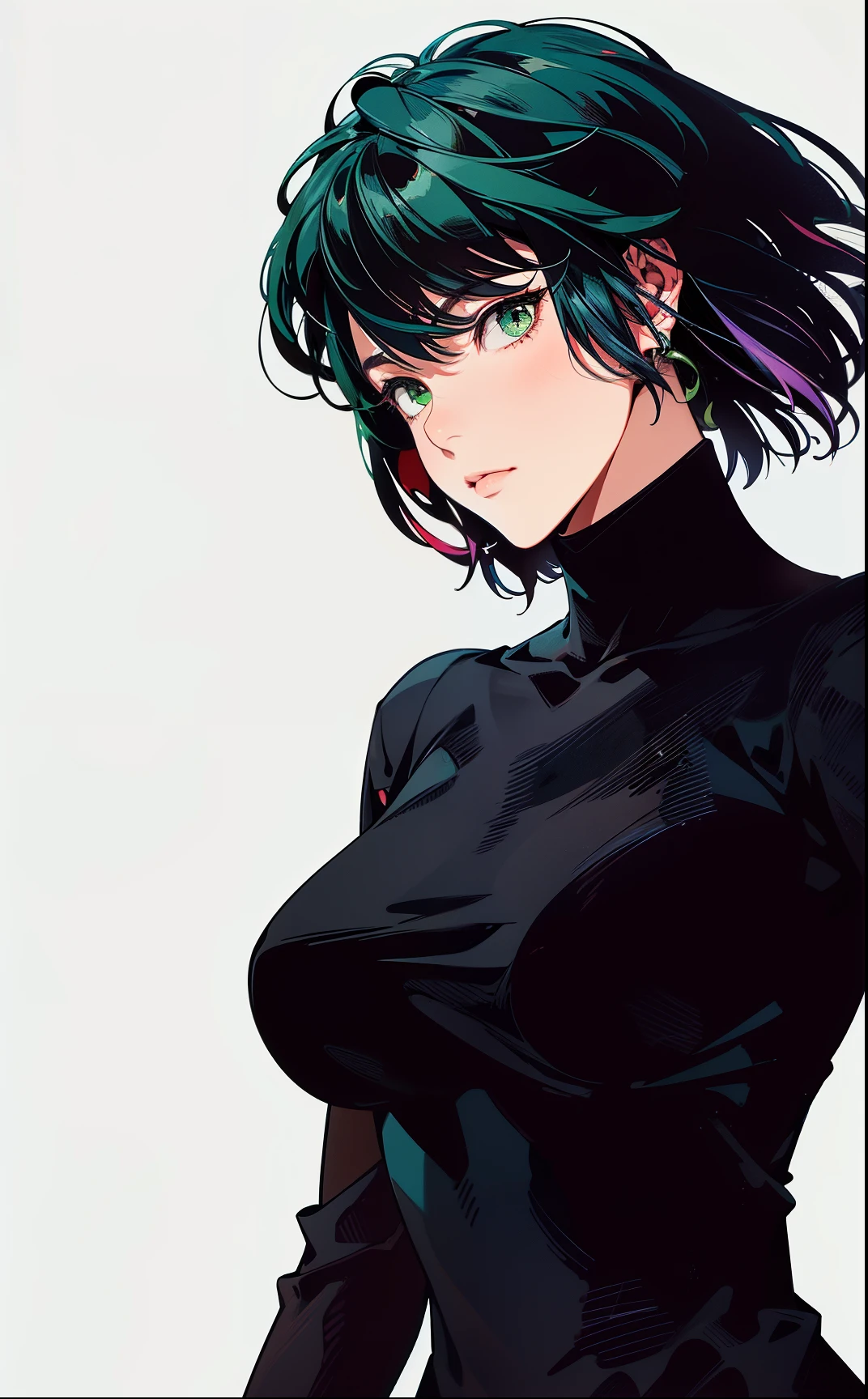 A close-up of a person wearing a black shirt and green hair, Tatsumaki from One Punch Man, Fubuki, Æon Flux style mix, by Kentaro Miura, the style  a mix of Æon flux, Anime girl in a black dress, Art by Kentaro Miura, Portrait of a female anime heroine, Female anime character,  Anime woman, fubuki, green hair, short hair