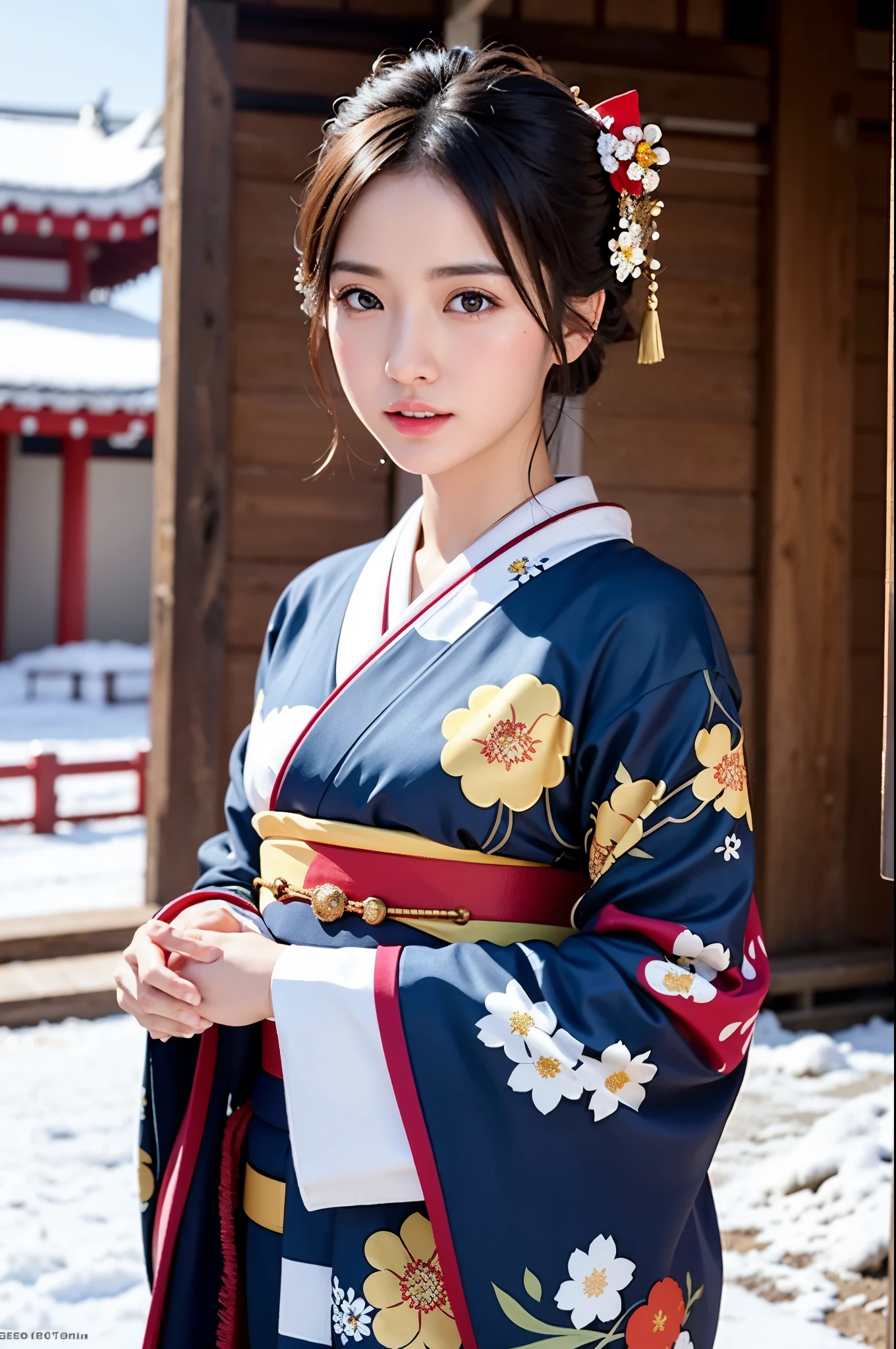 (masterpiece:1.2), (realisitic, photorealistic:1.4), Japanese shinto shrines in snowy landscapes, ((A beautiful Japanese girl in a kimono for New Year's celebration, solo, floral print, hair ornaments)), (best quality, high resolution, RAW photo), Early morning of New Year's Day, cowboy shot, Like a Japanese Idol, Extremely cute, elegant, Slightly bewitching, parted lips, glossy skin, cinematic composition, professional warm lighting and shading, extremely detailed eyes and face, eyes with beautiful details, insanely detailed beautiful realistic skin texture, (correct body balance, accurate hands, accurate eyes)