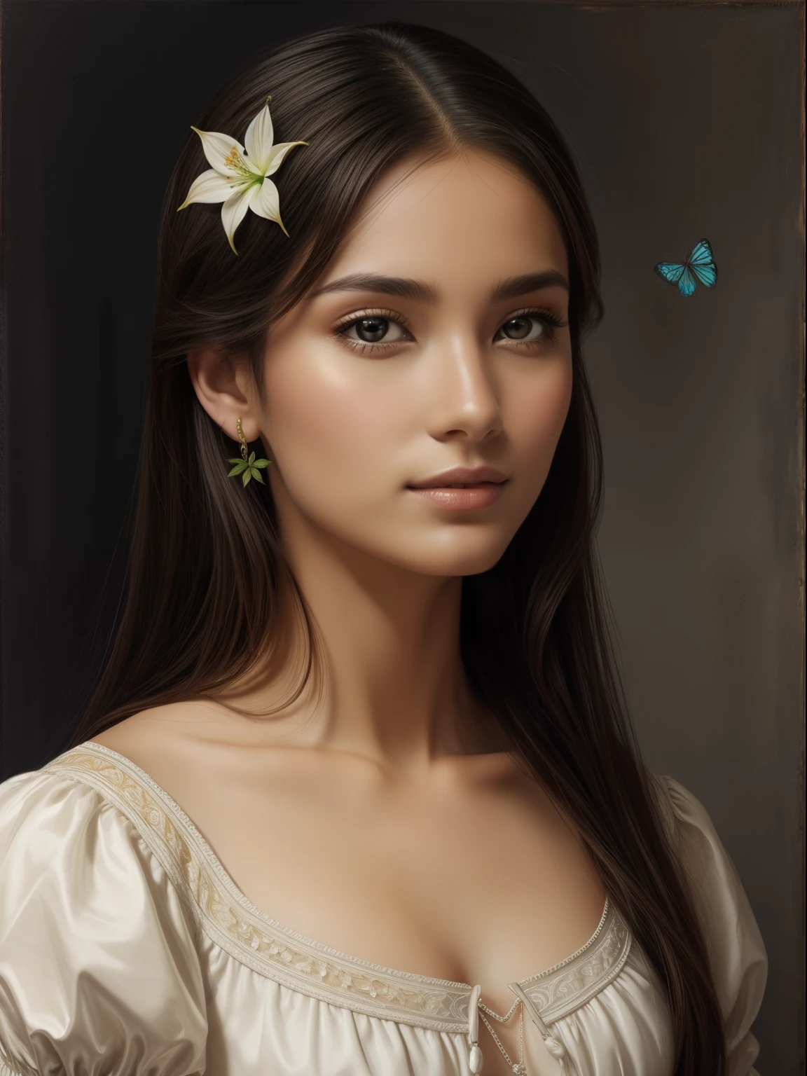 （（マルコ・マッツォーネ (マルコ・マゾンティル））.美しい女性の肖像画，対称。フラワーズ、植物、昆虫.精巧に描かれた描写。