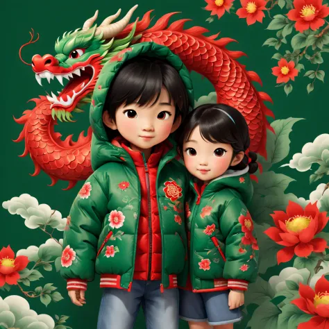 wallpaper design，2024，（Close-up of the cute and human zodiac dragon and the little Chinese boy and girl wearing northeastern red...