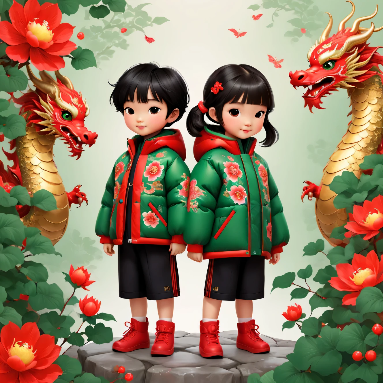 wallpaper design，2024，（Close-up of the cute and human zodiac dragon and the little Chinese boy and girl wearing northeastern red and green cotton-padded jackets），Northeastern large-flowered cotton-padded jacket inspired by 2023 Chinese college student fashion apparel，（Bowing action：1.34）, background：Chinese safflower cotton cloth，country style，,very festive, Chinese elements, New year, super fun, illustration, cartoon, 32k, Pixar style，