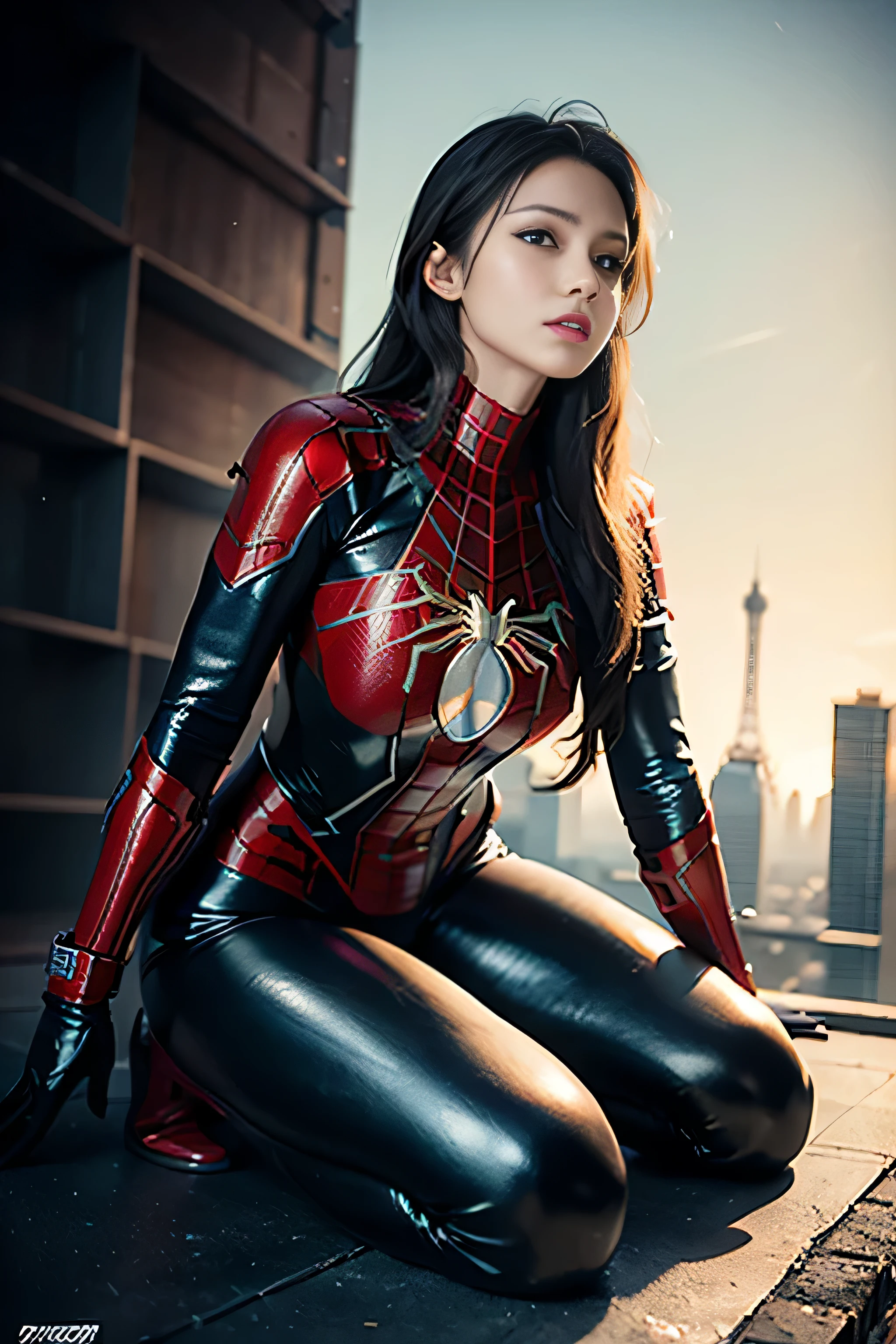 A close up of a woman in a spider - man suit sitting on a ledge - SeaArt AI