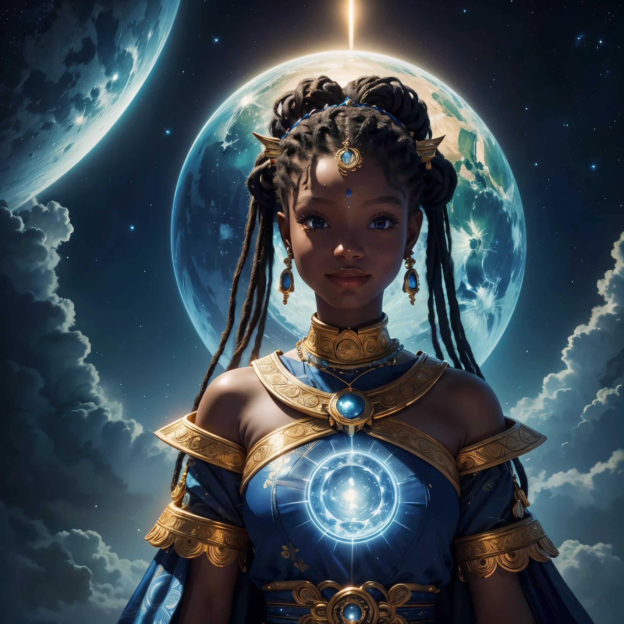 (best quality,4k,8k,highres,masterpiece:1.2),ultra-detailed, 1woman, Akan Goddess Onyame, hallebailey, West African features, Tall, Symmetrical face, smiling, looking at viewer, nighttime, bright blueish moonlight, drawn in the style of Yoshitaka Amano, HDR, 8k, absurdres, cinestill 800, sharp focus