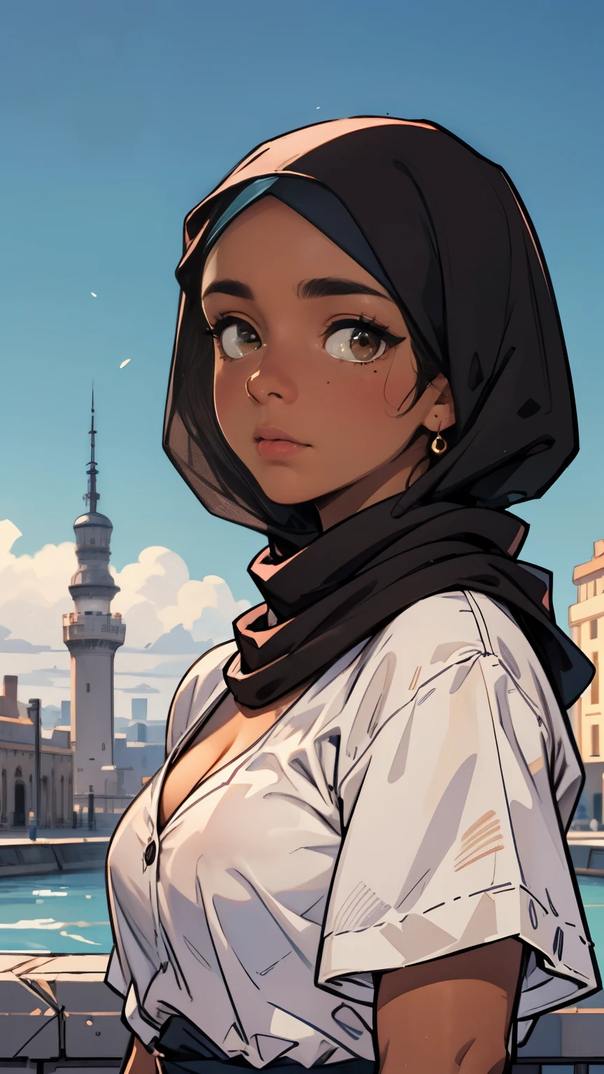 cleavage, 1 girl, (dark brown skin tone:1.4), very short hair, black eyes colour, mole down the right eye, Muslim clothes, hijab, Cold expression, depressed, dominant aura, (high quality, masterpiece, extremely detailed:1.2), (Realistic, photorealistic:1.2)