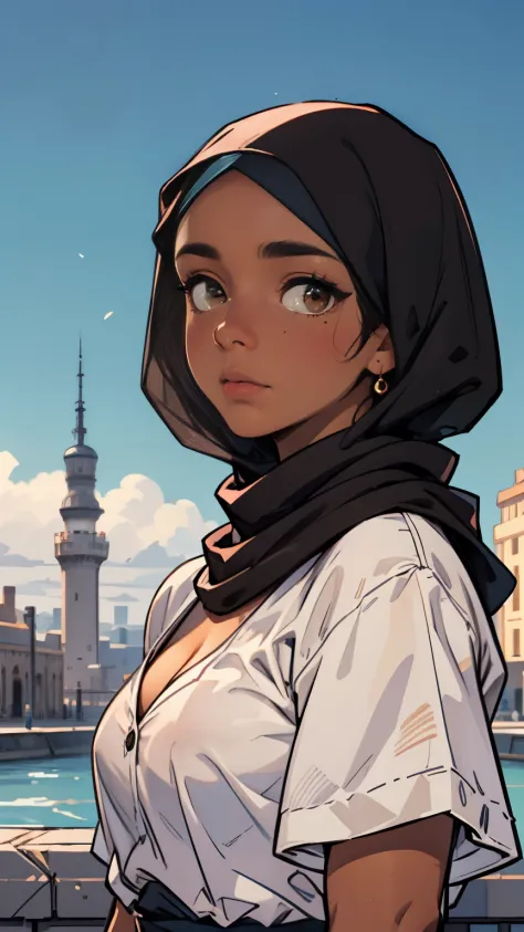 cleavage, 1 girl, (dark brown skin tone:1.4), very short hair, black eyes colour, mole down the right eye, Muslim clothes, hijab...