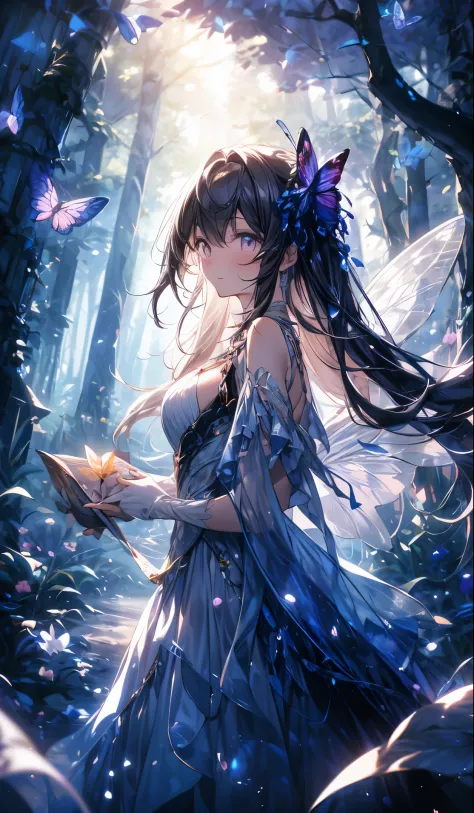 masterpiece, concept art, (highly detailed), medium shot, fairy butterfly 1girl, butterfly wings, cute, elegant, violet flowing ...