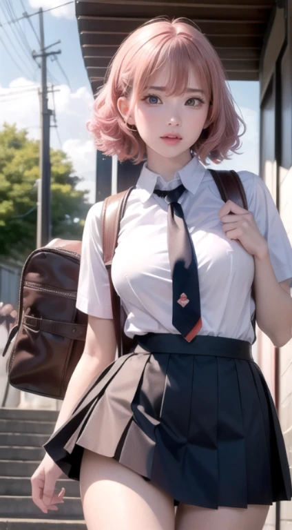 (高解析度:1.2), (reAlistic:1.37), A mAsterpiece, short hAir, A girl, fluffy hAir, curly hAir, 兄弟姊妹, 傲嬌, A short skirt, A high , A , A tie, embArrAssed, 臉紅, 嘴唇顫抖, (Angry), 從後面, pink hAir, looking At the Audience, 戶外, A bAckpAck, 性感的