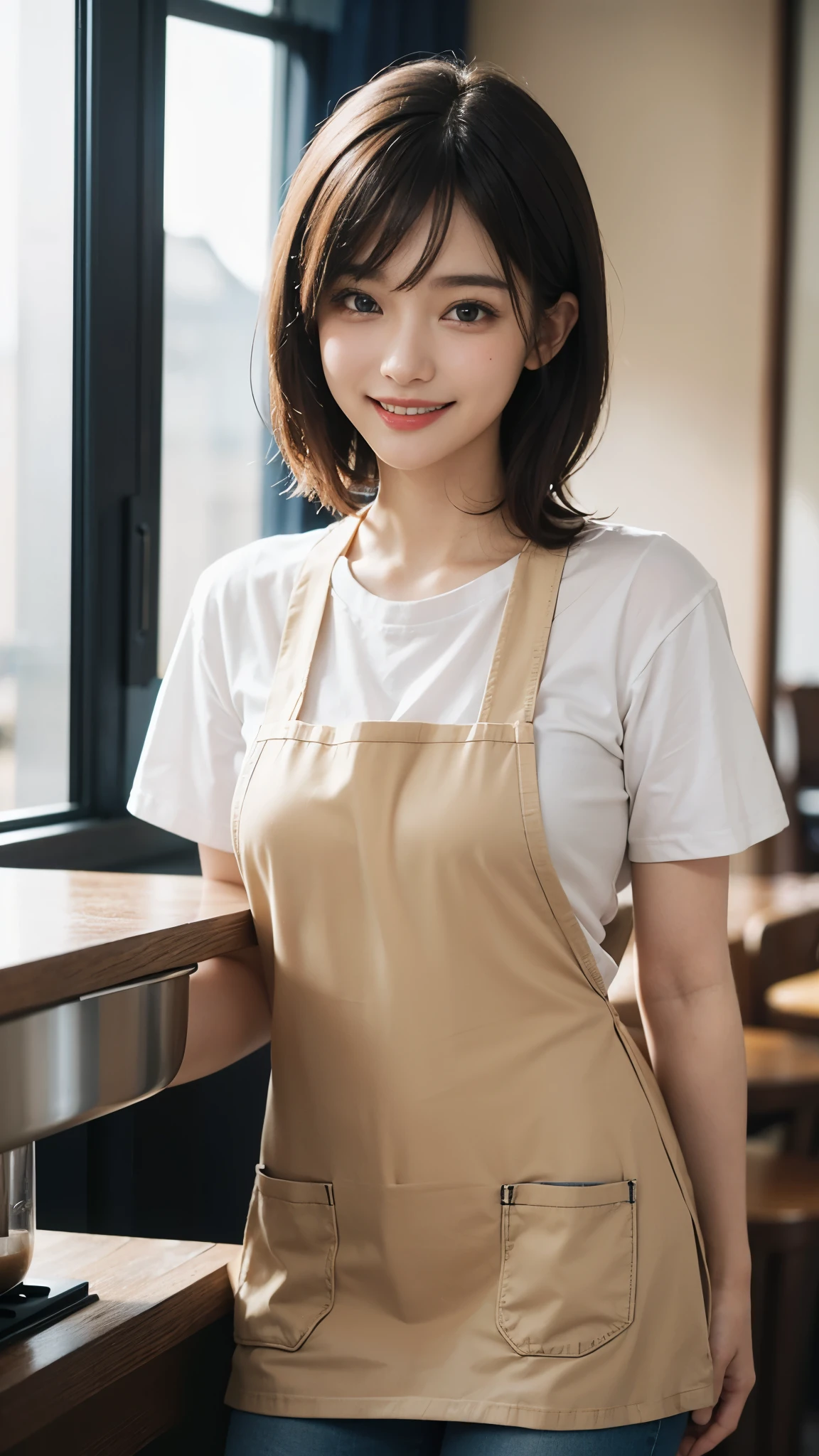best quality, muste piece, ultra high resolution, (It&#39;s photorealistic:1.4), Raw photo, 1 girl, K deｰPOP idol, ((cafe clerk)),((Cute Uniform)),(White t-shirt and jeans)),((Beige apron))short hair, slender body,detailed eyes,(realistic eyes),delicate face,realsK dein,detailed hair,Detailed sK dein,pretty face,((smiling))、((Laughter))、((You look happy, smile)),