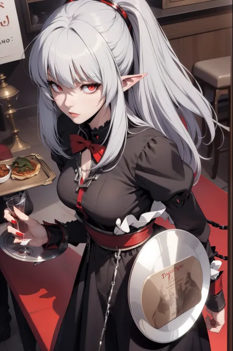 alice,vampire,grey hair, long hair, red eyes, pointy ears, small breasts,((waitress bdsm girl chained tray tray))
