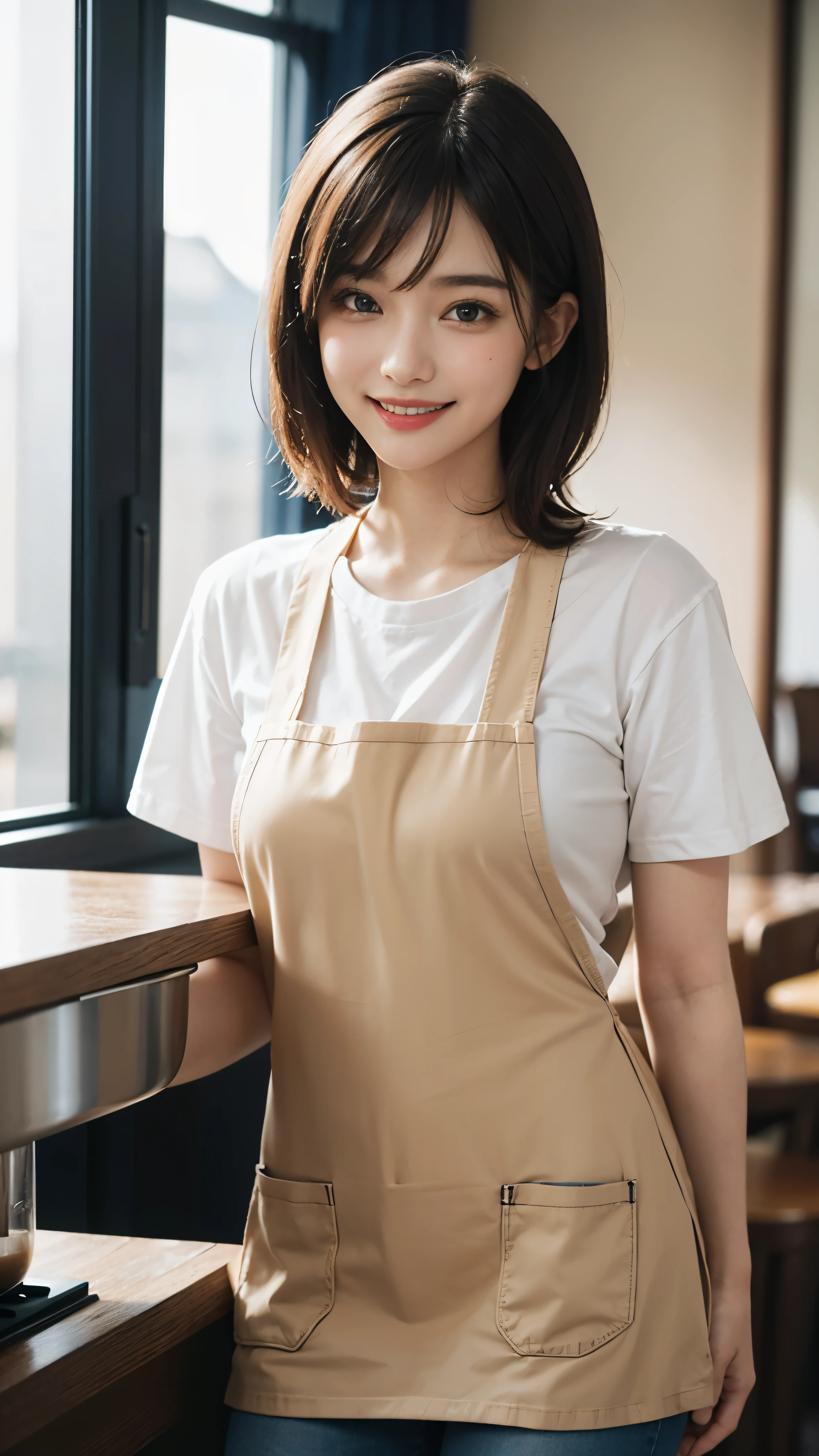 highest quality, pieces fly, ultra high resolution, (that&#39;realistic:1.4), RAW photo, 1 girl, Mr. Kｰpop idol, ((cafe clerk)),((cute uniform)),(White T-shirt and jeans)),((Beige apron))short hair, slender body,fine eyes,(realistic eyes),delicate face,realsMr. Kin,fine hair,Detailed sMr. Kin,cute face,((smile))、((laughter))、((you look happy, smile)),