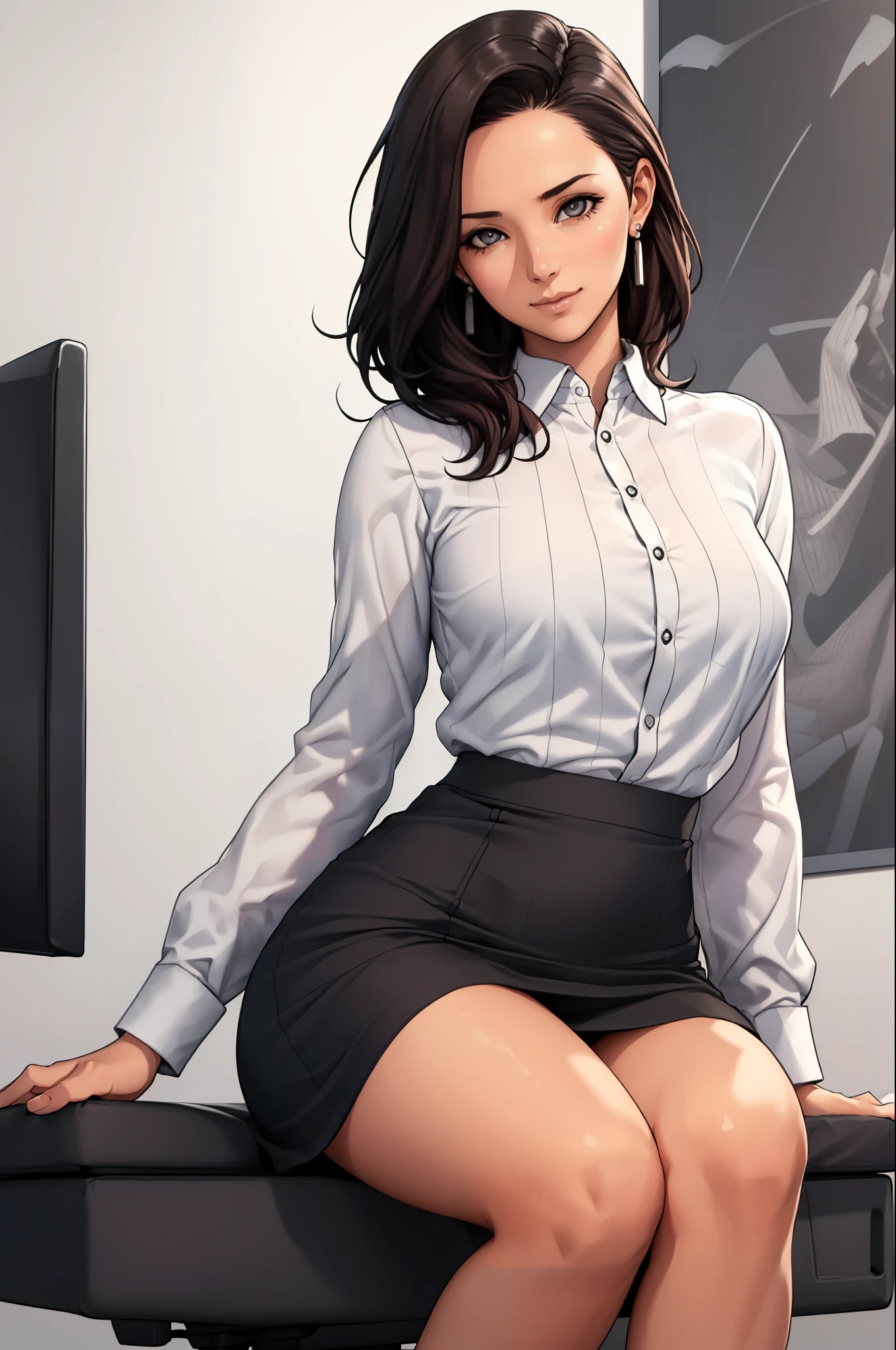 A woman sitting in an office, a white wall, A gray table, poster on wall, ))), ((best quality)), ((intricate details)), ((hyper-realistic)), Ridiculous resources, moro liberation front, mature woman, view, Very detailed, illustration, 1 girl, (()), perfect hands, Detailed fingers, Beautiful and delicate eyes, long hair, brown eyes, Name label, CEO, (Business attire:1.2), open office shirt, split, tight skirt, black collar, earrings, , Detailed background, bedroom, perfect eyes, eyes, looking at the audience, from the front