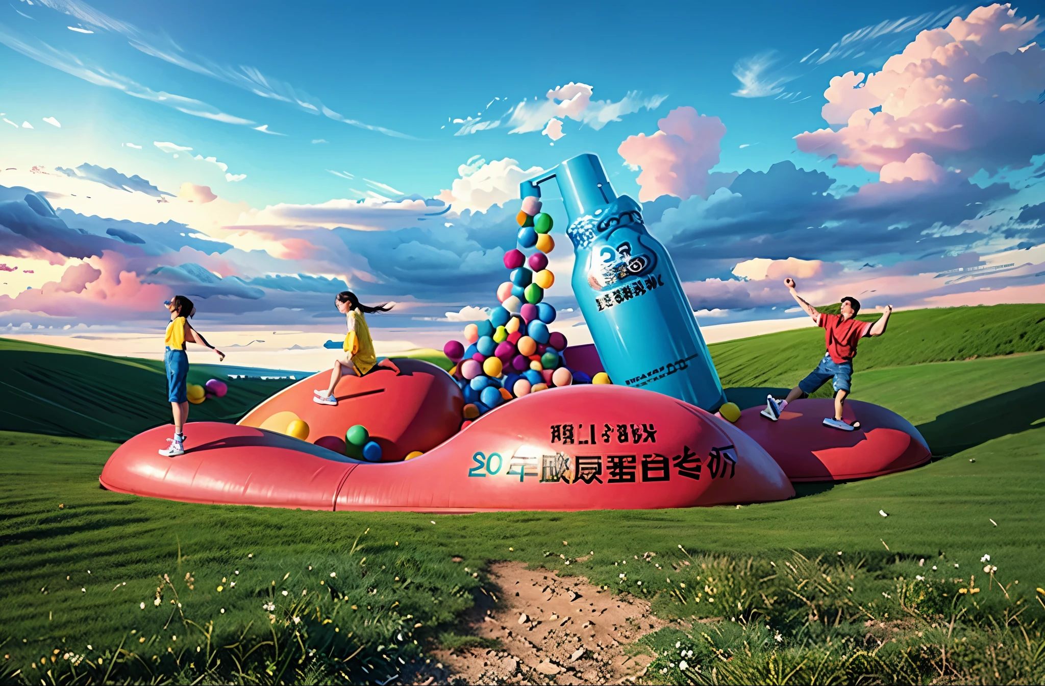 giant installation art，Colorful bobo ball，huge elastic material，Several people are jumping around，blue sky，baiyun，masterpiece，C4D，OC renderer，high quality，Bright hues，Clean picture