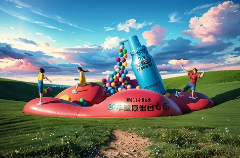 giant installation art，Colorful bobo ball，huge elastic material，几个人在蹦蹦跳跳，blue sky，Baiyun，masterpiece，C4D，OC renderer，high qualit...