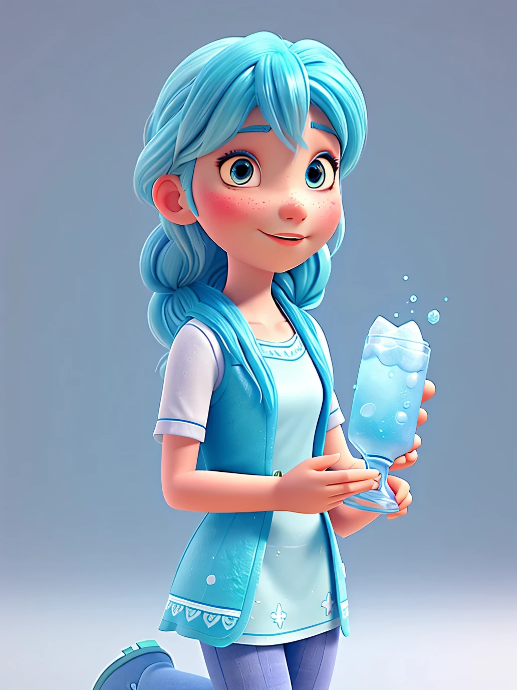 3D art like "Frozen", A girl with light blue hair, is holding a lemonade glass by her hand