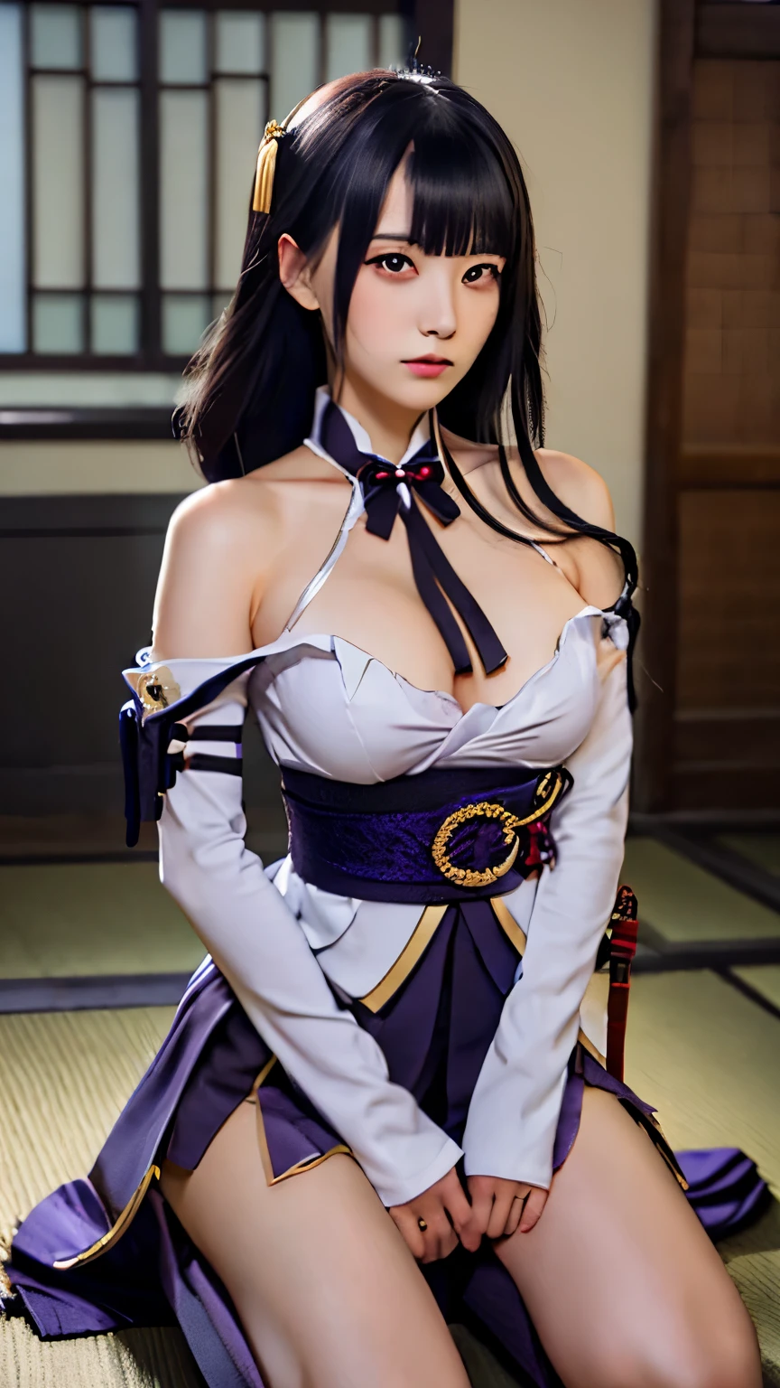 25 year old beautiful girl, big eyes, large breasts, petite and slender, 8K, top quality, (very detailed head: 1.0), (very detailed face: 1.0), (very detailed hair: 1.0), Beautiful purple eyes, sharp eyes looking at the viewer, cruel and brave face, thin face, Japanese atmosphere, anime girl with long black hair holding a sword, ayaka genshin impact, ayaka game genshin impact, keqing from genshin impact, zhongli from genshin impact, black - haired mage, holding a sword on her shoulder, full body xianxia, from girls frontline, genshin impact character, hinata hyuga, realistic, super fine face, very detailed face, super fine hands, very detailed hands, super fine eyes, very detailed eyes, good shape, golden ratio, very detailed body, very detailed clothes, very detailed katana, katana, long katana, unsheathed katana, perfect pose, very detailed katana sheath, full body, use stocking