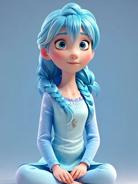 3d art like "frozen", a girl with light blue hair, is meditating