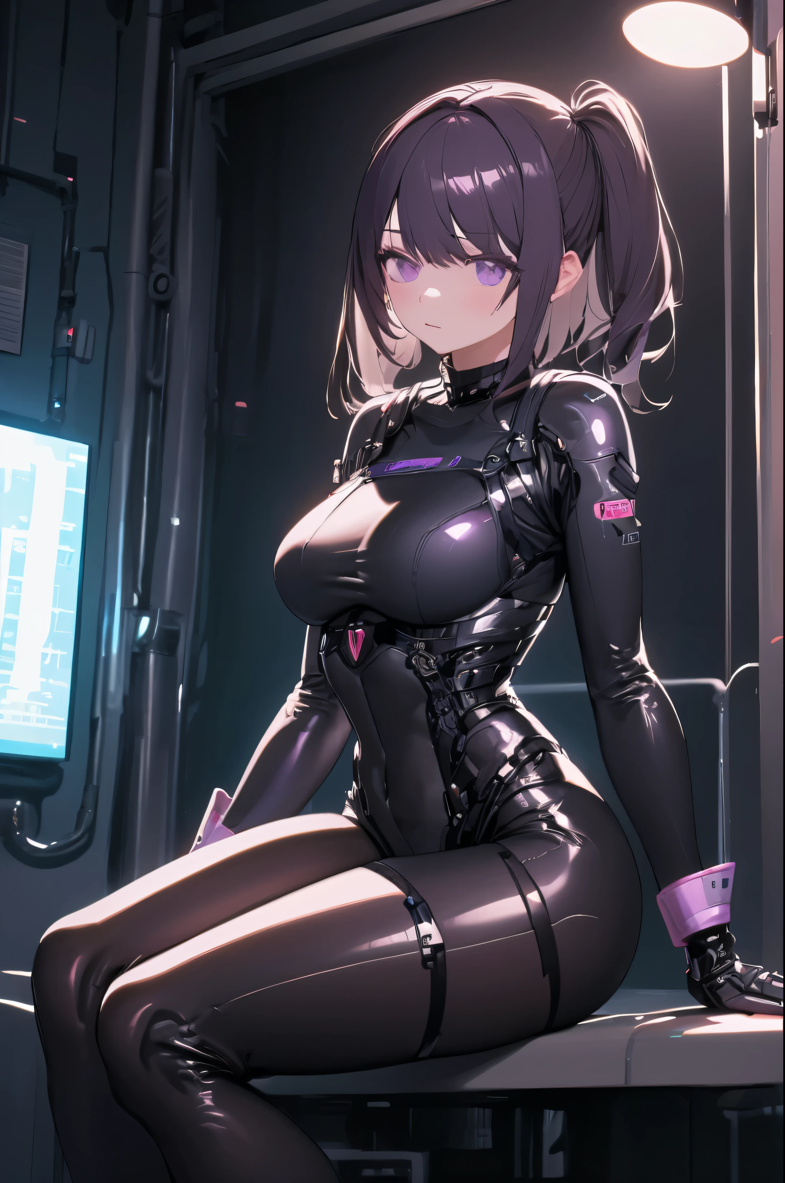 ((Best quality, 8K, Ultra-detailed, Masterpiece: 1.3)), 3 girl, Shiny skin, Sharp, Perfect body beauty, realistic shadow perfect bod("Black cyberpunk bodysuit,Transparent ":1.2),_Breasts ,Young girl, short girl,upper legs , indoors, Dark room,cleavage, sexyposture，M legs， your ass, Dark Brown long hair, ahoge , Purple eyes, pupils ,Sideswept parted hair, night,("Dark lighting,very dark":1.1)