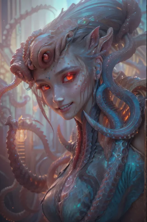 scary and sexy detailed art in color, portrait, (beautiful and obscene female alien:1.4), (vulgarity1.5), (she has red eyes with...