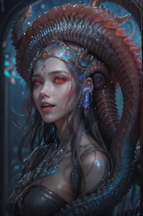 scary and sexy detailed art in color, portrait, (beautiful and obscene female alien:1.4), (vulgarity1.5), (she has red eyes with...