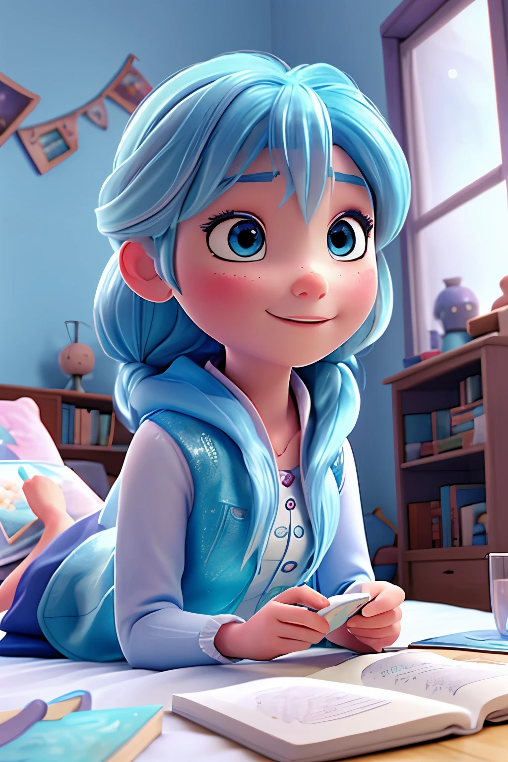 3D art like "Frozen", one girl with light blue hair, is lying on her bed and reading books