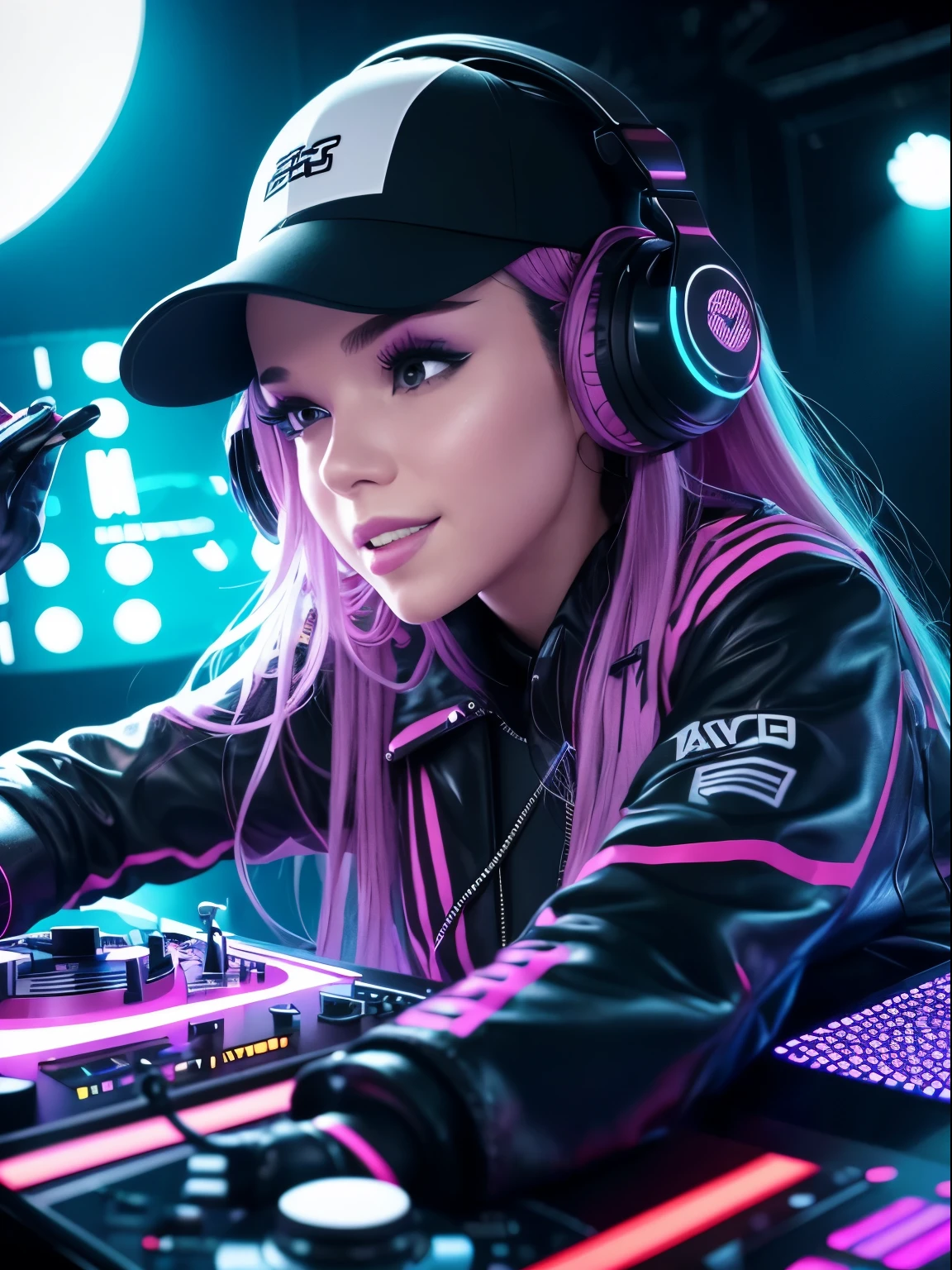 A young female DJ wearing a vinyl record player at a sci-fi DJ table，（upper part of body：1.5）, look at the crowd，Cybernetics augment a highly detailed future on stage，She wears futuristic outfits，Wearing double-sided hearing aid headphones，She wears a Rosotto hat on her head，Laugh excitedly，dynamic perspective，