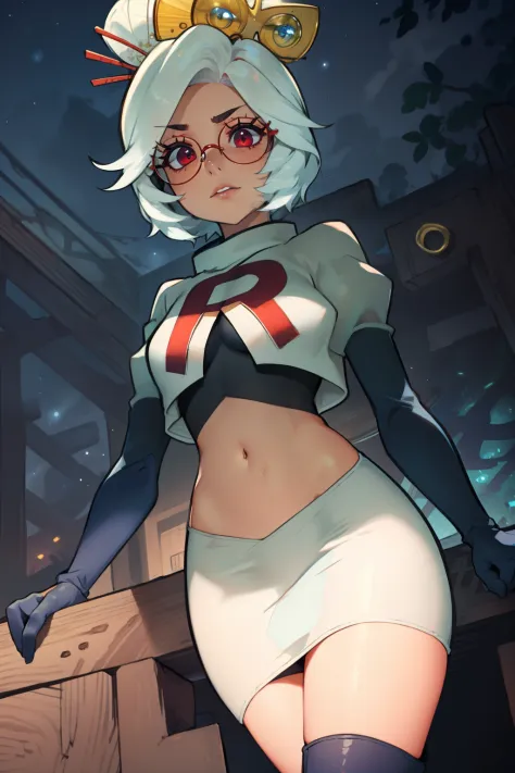 purah, white hair ,aura red glasses, hair ornament, glossy lips ,team rocket uniform, red letter R, white skirt,white crop top,b...