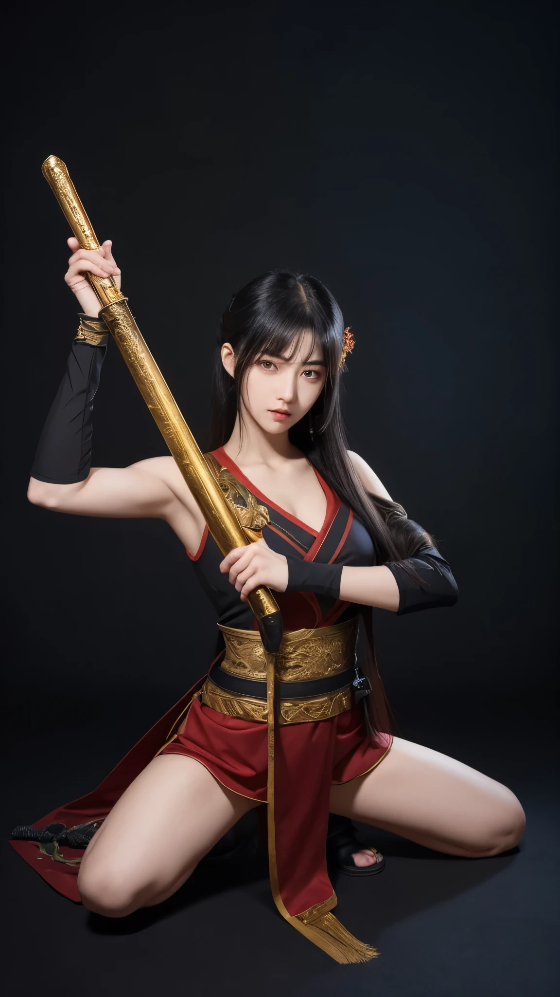 anime girl with long black hair holding a sword, ayaka genshin impact, ayaka game genshin impact, keqing from genshin impact, zhongli from genshin impact, black - haired mage, holding a sword on her shoulder, full body xianxia, from girls frontline, genshin impact character, hinata hyuga, realistic, super fine face, very detailed face, super fine hands, very detailed hands, super fine eyes, very detailed eyes, good shape, golden ratio, very detailed body, very detailed clothes, very detailed katana, katana, long katana, unsheathed katana, perfect pose, very detailed katana sheath