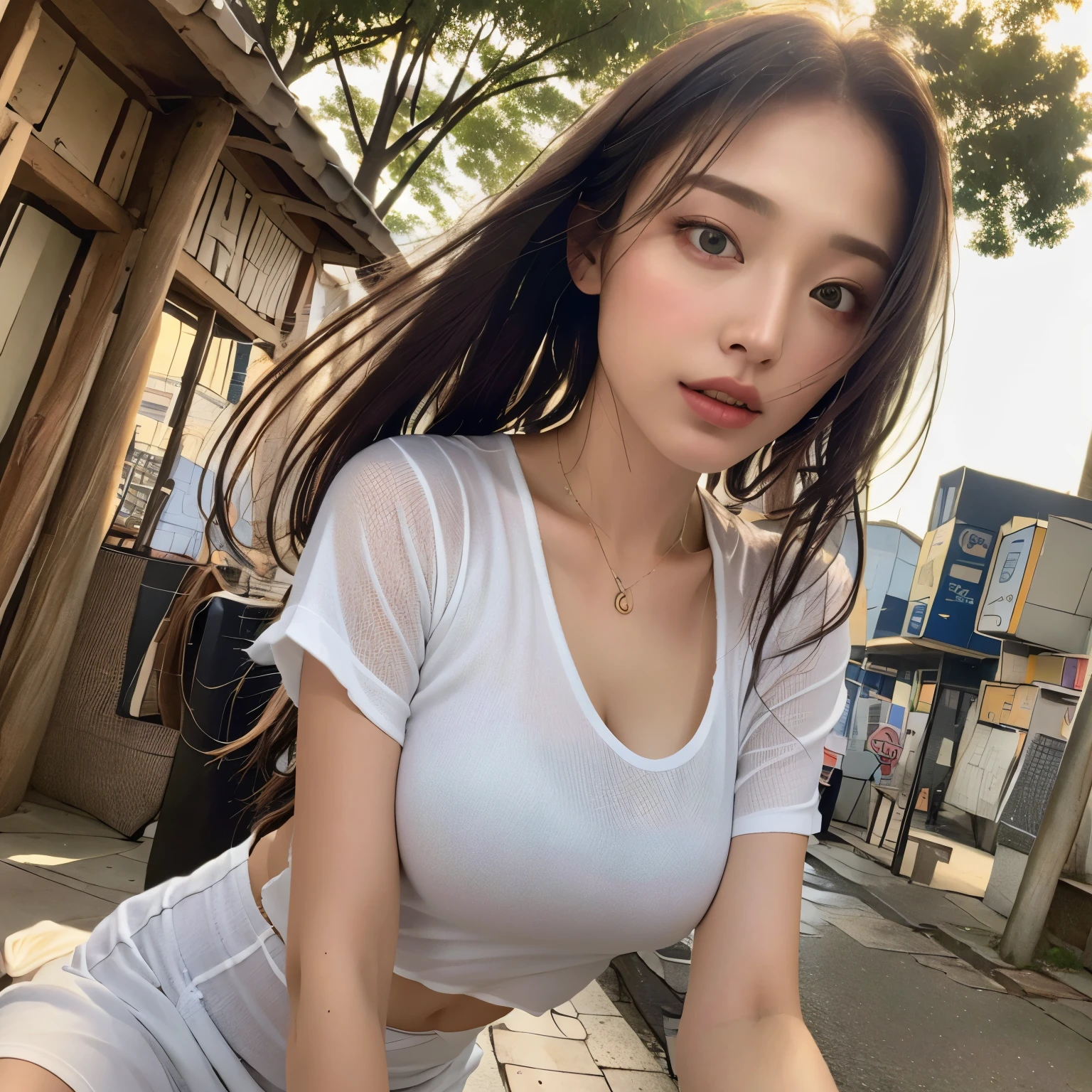 (8K, highest quality, masterpiece: 1.2), (hair_style), (realistic, photorealistic: 1.37), plump eyes, highest quality, masterpiece, As the summer sun shines down, sky and sea background, Photographed on the wooden deck, [small chest tackle, Photographed from the waist up, camera angle from below, pose with hair raked up with hands, Photographed in natural light from morning until noon, Hairstyles and fashion styles that match the Japan trends of 2023, realistic, Super detailed, 30 generations, actress, Half Japanese and Russian model, elaborate CG, thin, adorable, hairstyle matches the fashion of Japan in 2023 layer cut that flutters in the wind, delicate skin type, Fine details and softness, model hair color  bright and soft, Choose a short T-shirt that matches the summer trends of 2023、Pair it with light pastel colors to match your surf fashion..