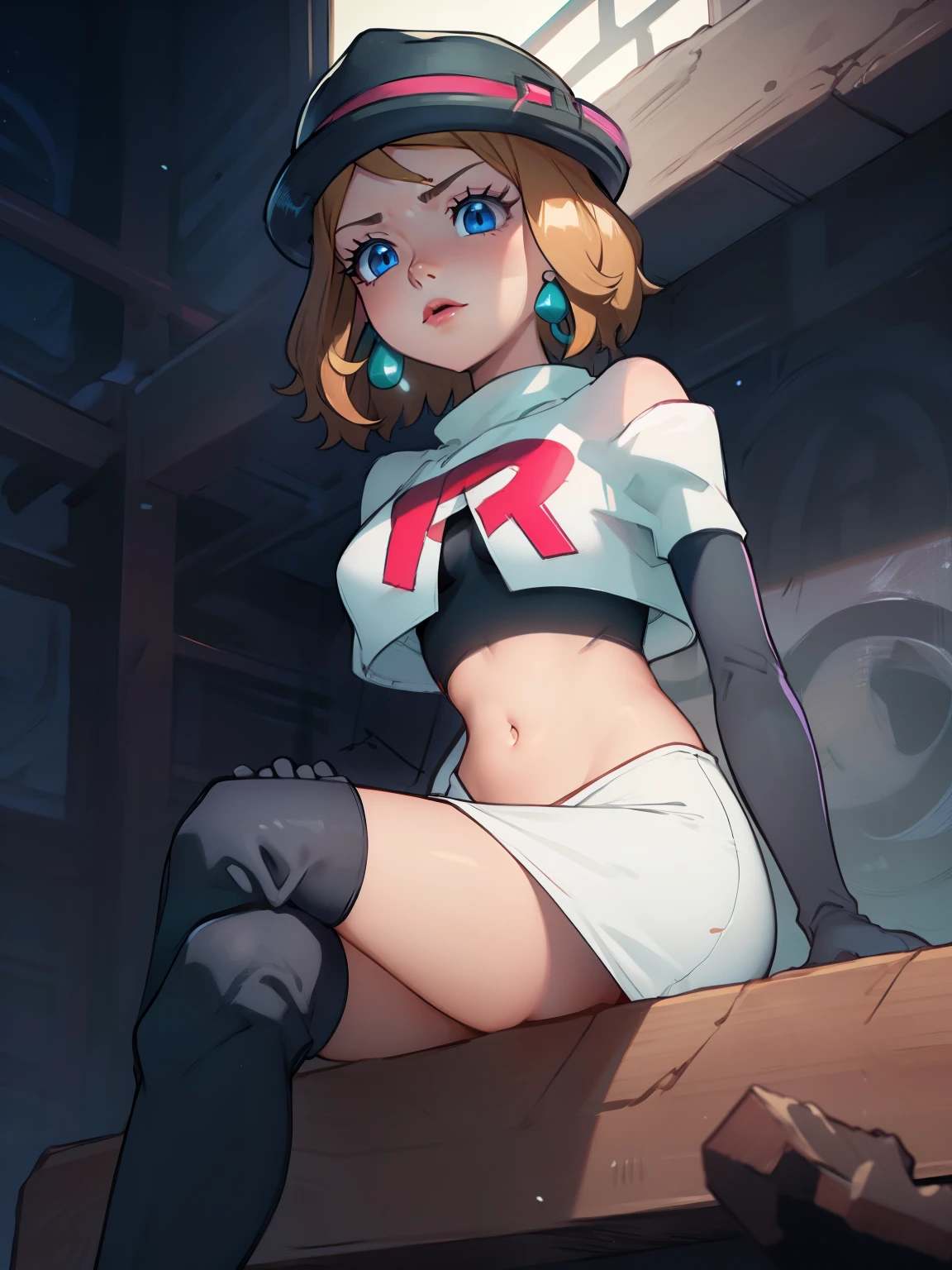 serena, blue eyes ,pink hat, earrings ,lipstick, eye shadow ,team rocket uniform, red letter R, white skirt,white crop top,black thigh-high boots, black elbow gloves, evil villianess look, looking down on viewer, sitting ,crossed legged, night sky background