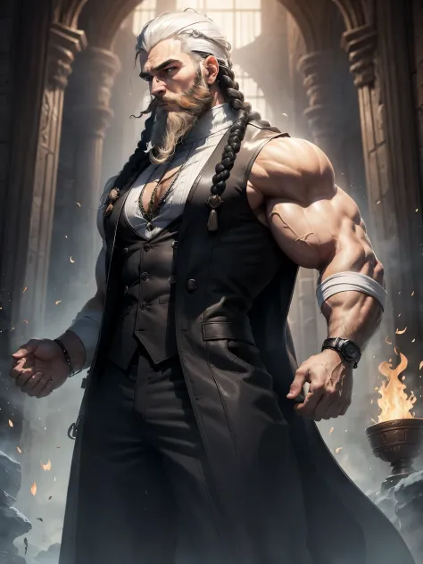 Muscular man with a braided beard, white turtleneck, black vest coat, fire god