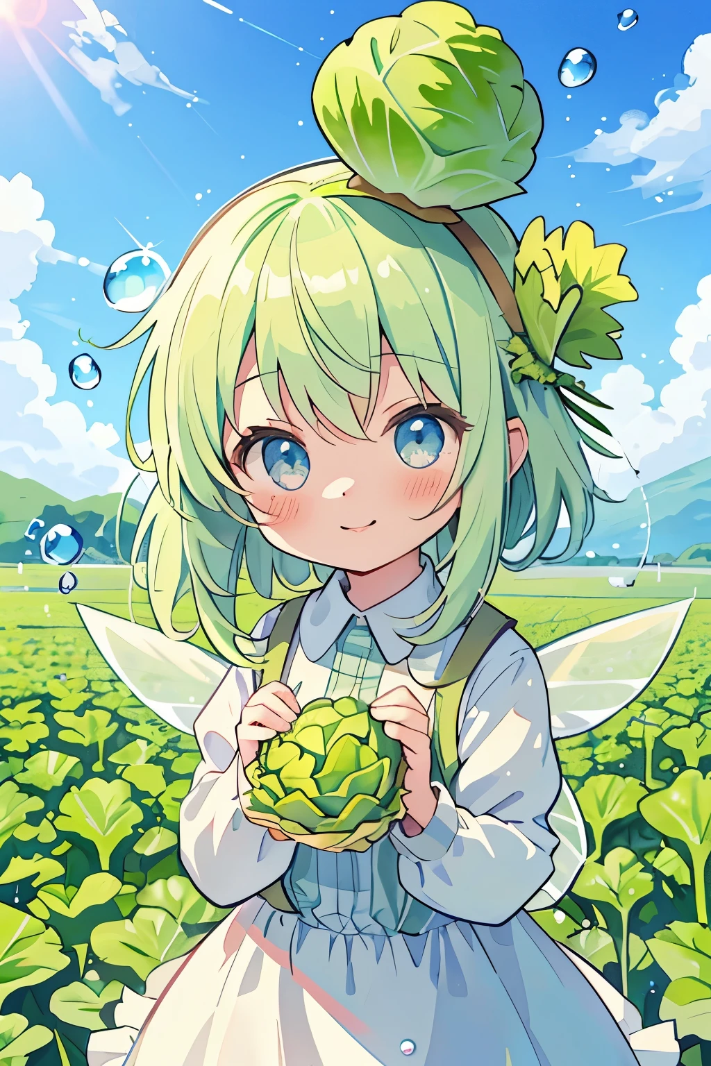 (lettuce field),(lettuce-shaped hat on the head:1.2),(lettuce fairy:1.2),blush,Chibi,cute,girl,happy look,(Clear sky without a single cloud:1.3),(lots of large water droplets:1.1),