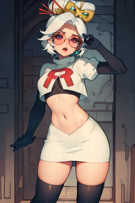 purah, white hair ,aura red glasses, hair ornament, earrings ,lipstick, eye shadow ,team rocket uniform, red letter R, white ski...