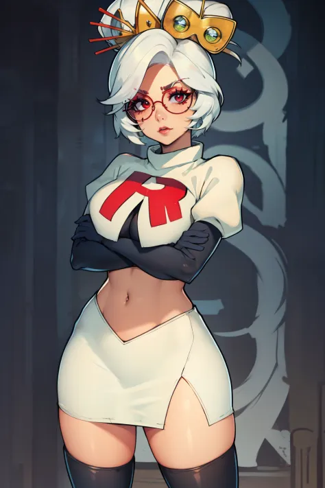 purah, white hair ,aura red glasses, hair ornament, earrings ,lipstick, eye shadow ,team rocket uniform, red letter R, white ski...