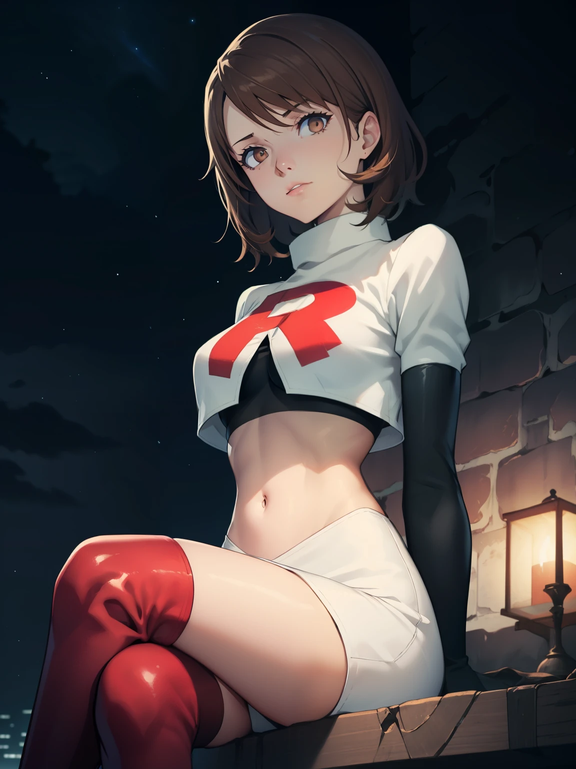 brown hair, short hair, glossy lips ,team rocket uniform, red letter R, white skirt,white crop top,black thigh-high boots, black elbow gloves, sinister villianess look, looking down on viewer, sitting ,crossed legs, night sky background