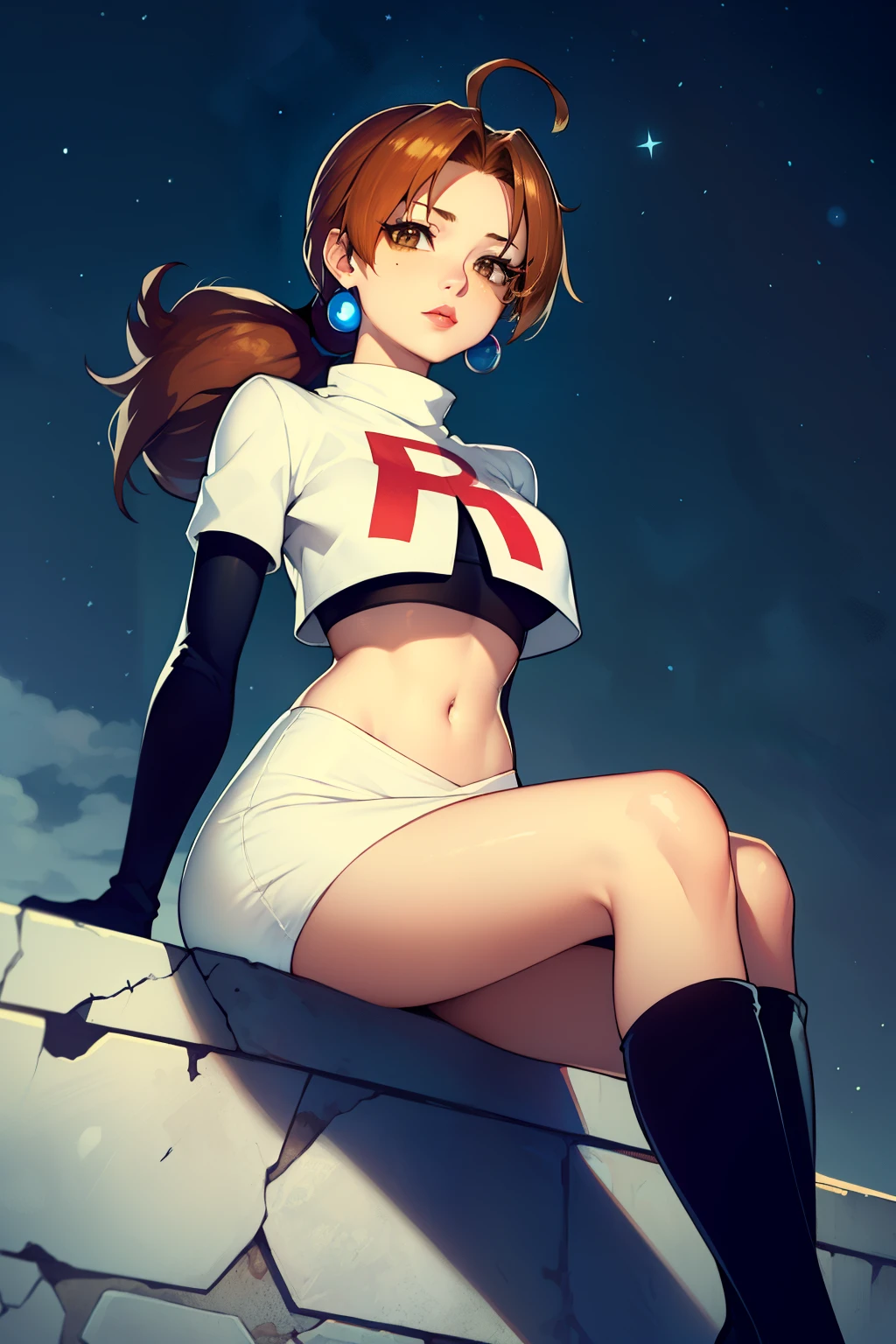 deliaketchum, brown hair, (brown eyes:1.7), parted bangs, (ahoge:1.5), ponytail, low ponytail,earrings ,lipstick, eye shadow ,team rocket uniform, red letter R, white skirt,white crop top,black thigh-high boots, black elbow gloves, evil villianess look, looking down on viewer, sitting ,crossed legged, night sky background