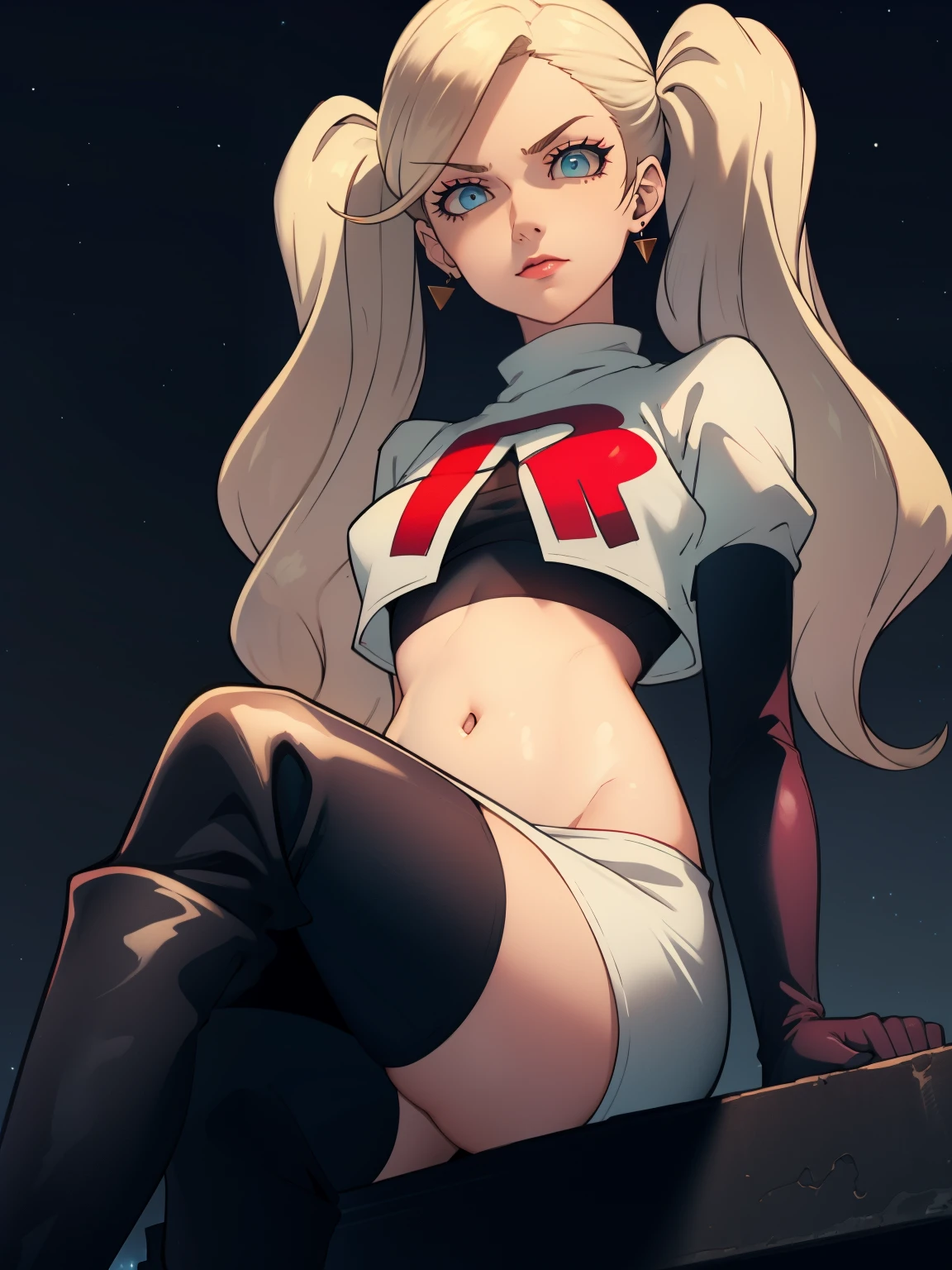 AnnTak, twintails, blue eyes, blonde hair  ,earrings ,lipstick, eye shadow ,team rocket uniform, red letter R, white skirt,white crop top,black thigh-high boots, black elbow gloves, evil villianess look, looking down on viewer, sitting ,crossed legged, night sky background