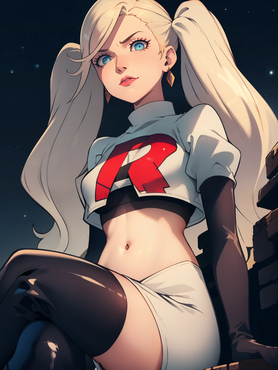 AnnTak, twintails, blue eyes, blonde hair  ,earrings ,lipstick, eye shadow ,team rocket uniform, red letter R, white skirt,white crop top,black thigh-high boots, black elbow gloves, evil villianess look, looking down on viewer, sitting ,crossed legged, night sky background