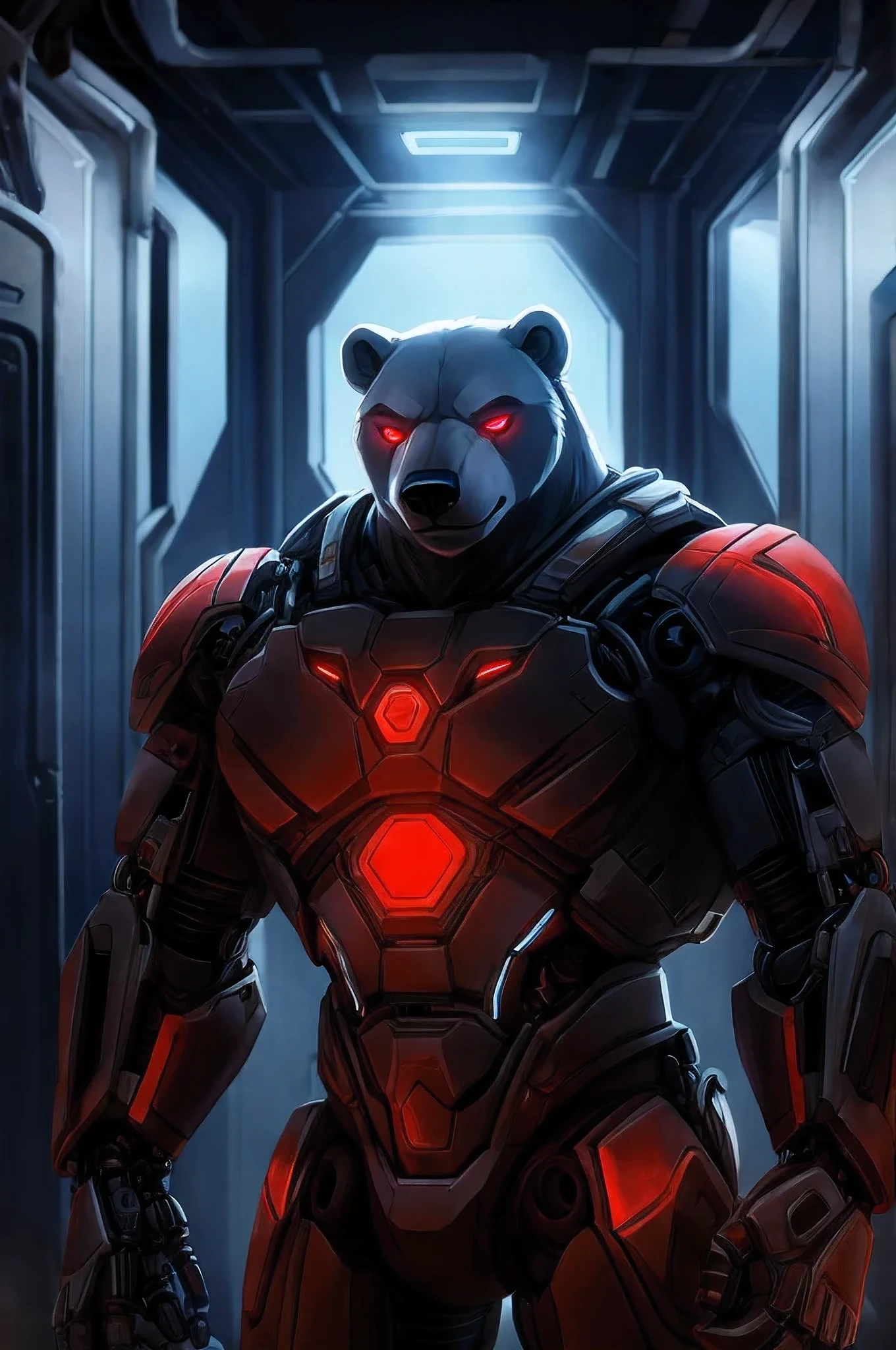 (personnage) Ours noir Anthro cyborg avec un corps principalement mécanique (hors tête) avec des plaques frontales en métal et des yeux rouges brillants, regarder attentivement l&#39;ours polaire anthro biologique.