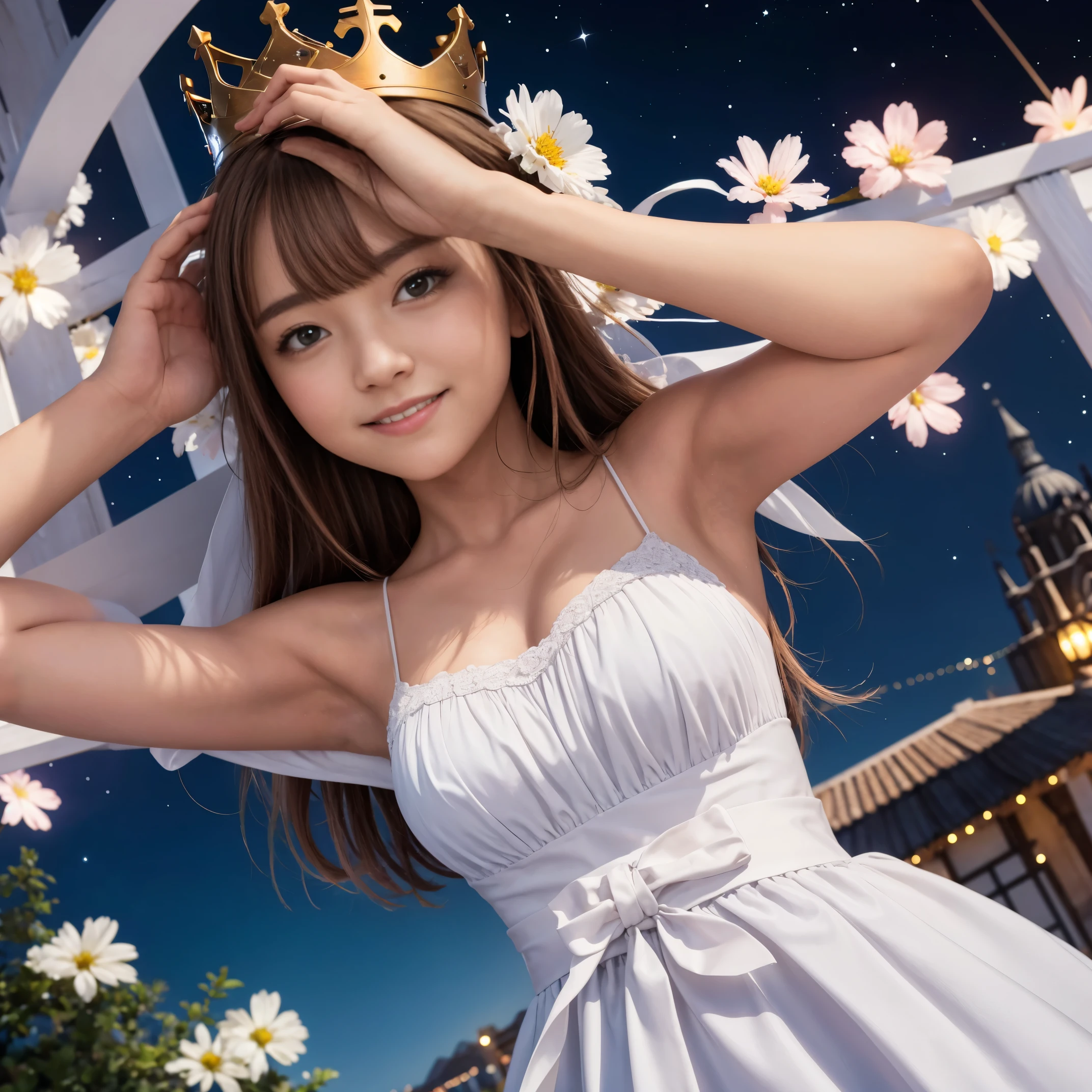 highest quality, expensive_solve, clear_image, detailed background ,girl, Random wear,flower, night sky,dutch angle, wide shot,shy smile, crown,  