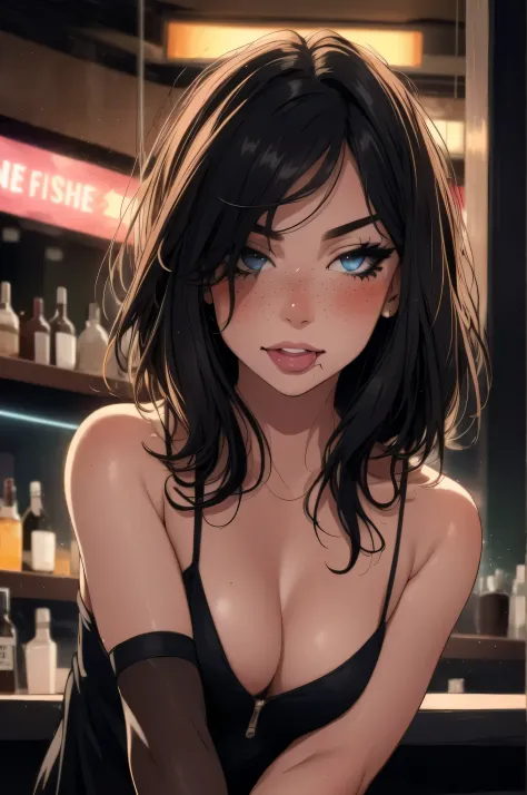 girl at a nightclub sitting at bar, eyeliner (masterpiece) (best quality) (detailed) (8k) (HDR) (wallpaper) (cinematic lighting) (sharp focus) (intricate) freckles, biting lip, short hair, slutty outfit, sexy, blush, aroused, cleavage, shiny boobs, wet ski...