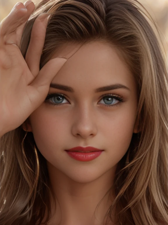 "(best quality, highres:1.2),ultra-detailed,(photorealistic:1.37),portrait,close-up of a detailed girl's face, intense brown eyes, passionate (thick red lips that sensually open, corrected distorted fingers), sharp gaze, (eye contact with the camera), smiling"