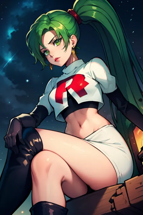 lyn, ponytail, green eyes, green hair,earrings ,lipstick, eye shadow ,team rocket uniform, red letter r, white skirt,white crop ...