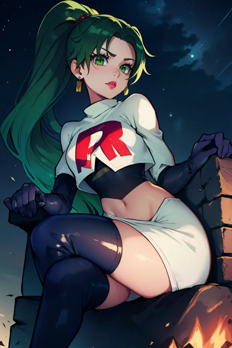 lyn, ponytail, green eyes, green hair,earrings ,lipstick, eye shadow ,team rocket uniform, red letter r, white skirt,white crop ...