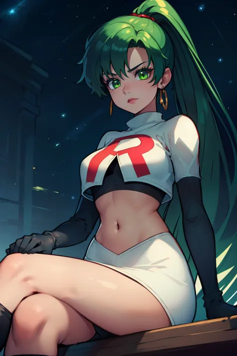 lyn, ponytail, green eyes, green hair,earrings ,lipstick, eye shadow ,team rocket uniform, red letter r, white skirt,white crop ...