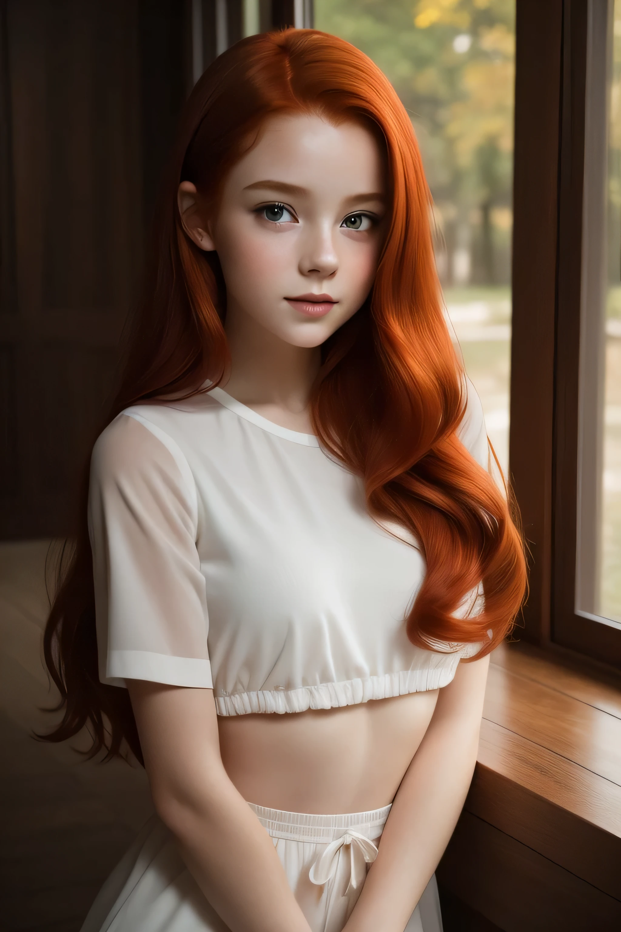 A woman with red hair and a white top posing by a window - SeaArt AI