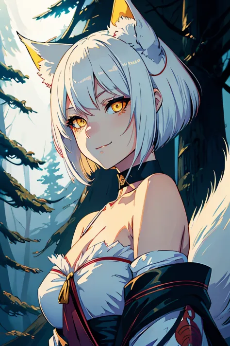 (best quality, high-res, ultra-detailed, anime style), ((kitsune girl, white kitsune, long bob haircut, white hair, yellow eyes,...