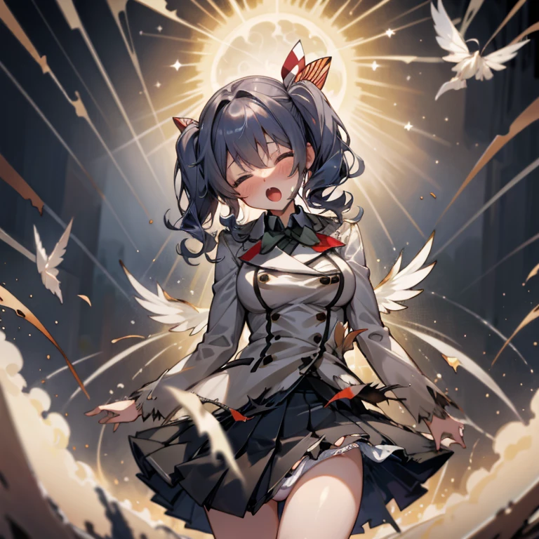 [tentacle, Tyndall effect, WrongHole : WrongHole, 1girl, solo, masterpiece, best quality, Kashima, tottering, tilt head, big breast, closed eyes, moaning, :o, saliva, (skirt fluttering, white panties, torn clothes:1.3), tearing up, dark atmosphere : 5]