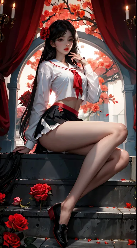camellia, flower, red_flower, red_rose, rose, katana, 1girl, pink_rose, pink_flower, spider_lily, shoes, long_hair, school_unifo...
